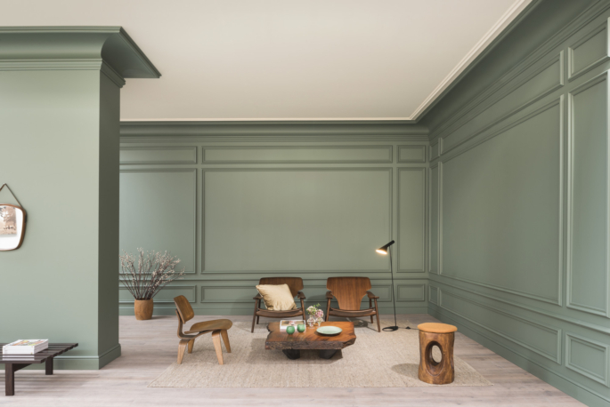 A photo of a room showing decorative mouldings including cornice and wall panelling on a green wall