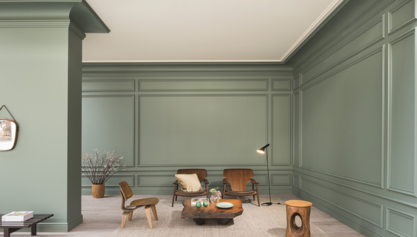 A photo of a room showing decorative mouldings including cornice and wall panelling on a green wall